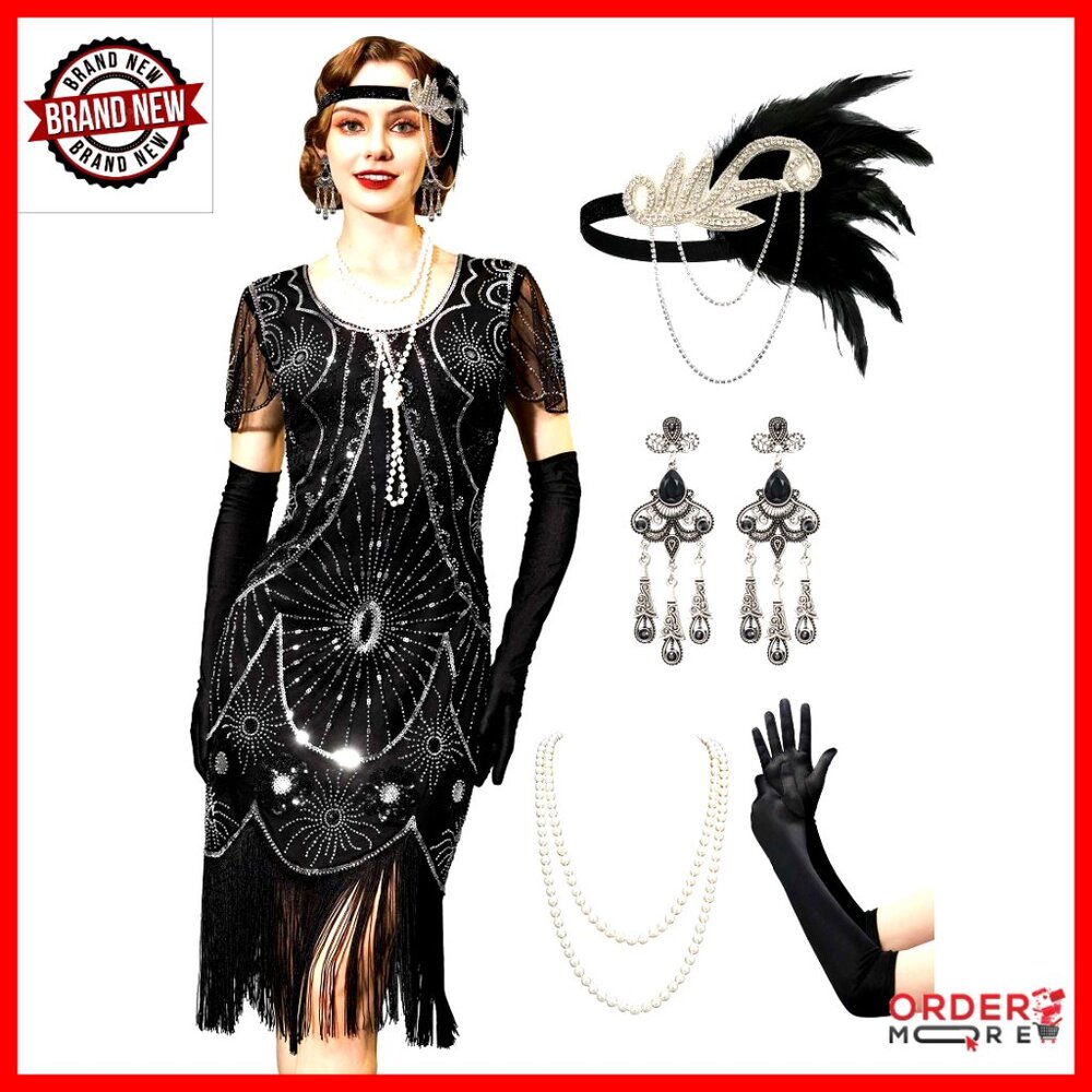 Flapper Dress 1920s Gatsby Costume With Accessories Set, Mesh Fabric